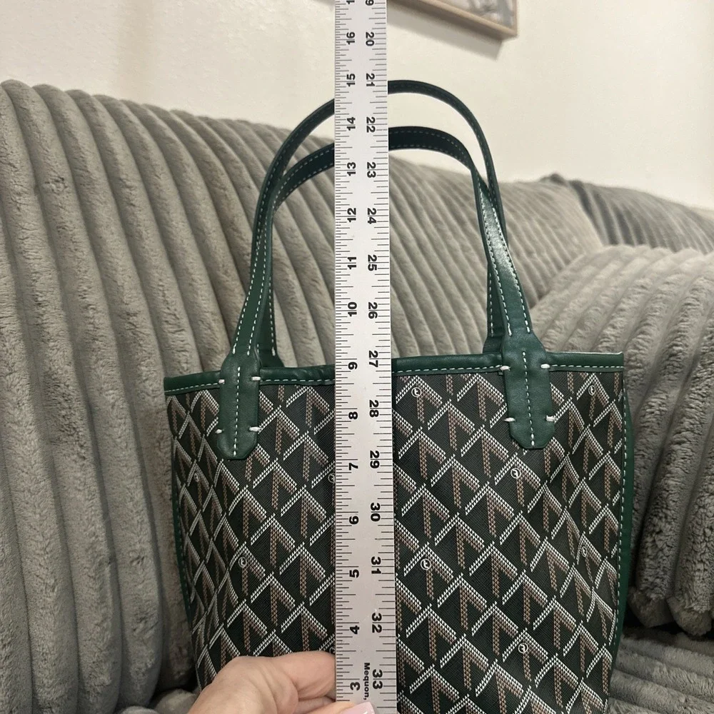 Women's Green Logo Mini Tote Bag Open Top Double Handles White Stitch Geometric